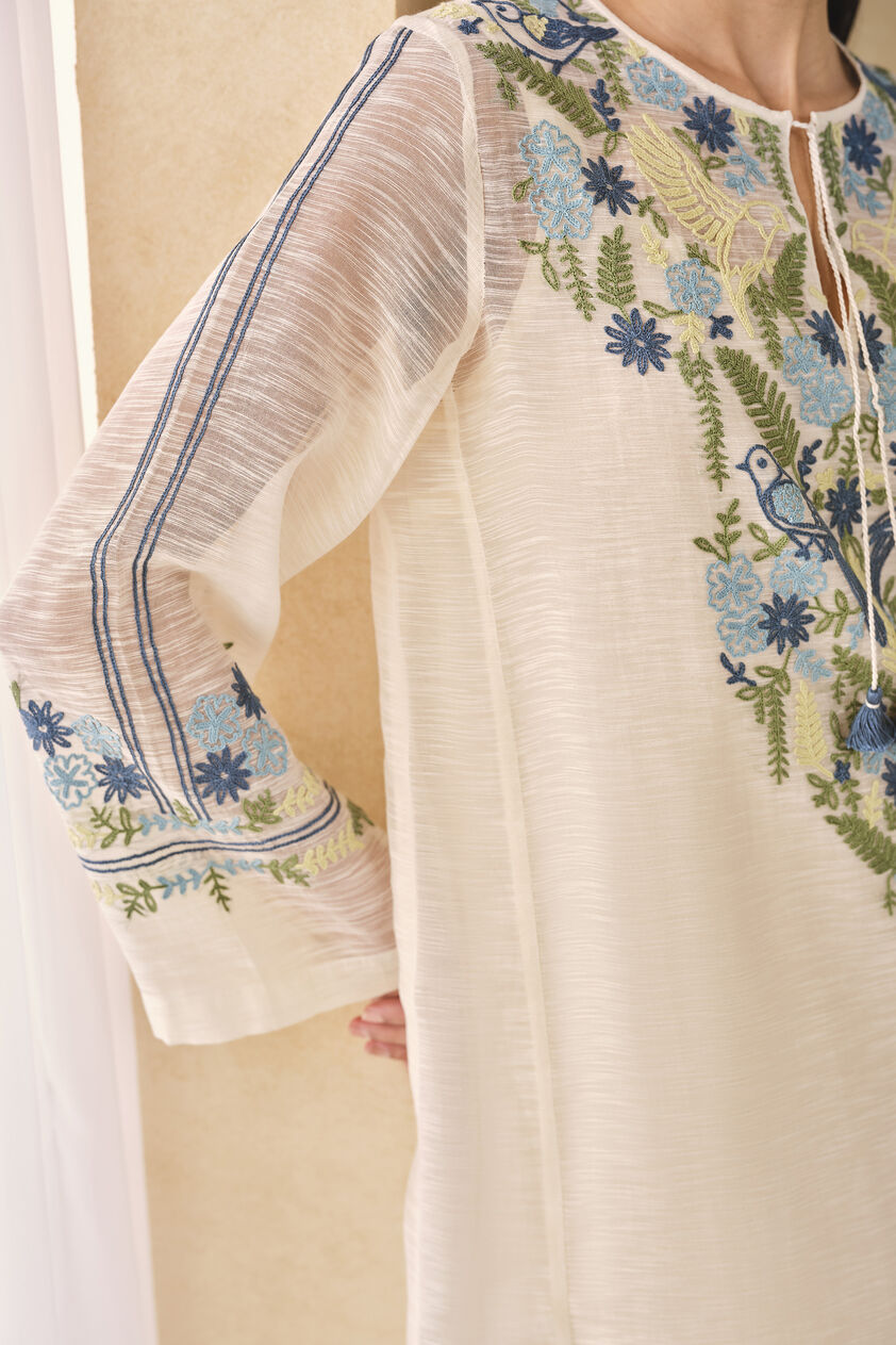 Ebonique Hand-embroidered SEWA Mul Kaftan - Ivory, Ivory, image 7